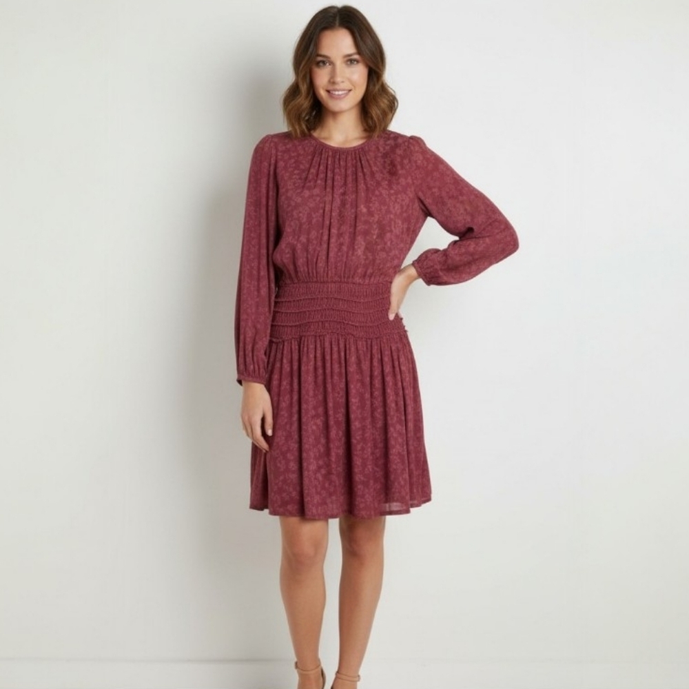 Anthropologie Current Air NWT Floral Smocked Waist Dress L Raspberry Cottagecore